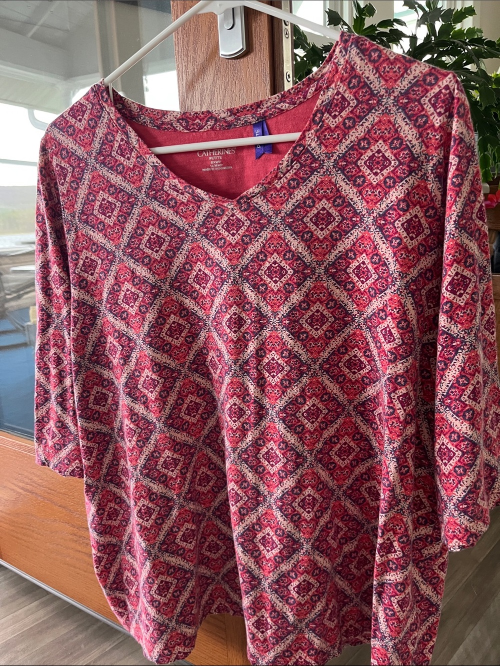 Catherines Pink Geometric 3/4 Sleeve Knit Top